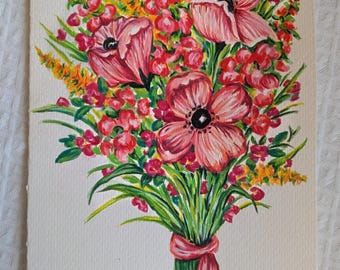 Handmade Original Watercolor and Pencil Vibrant Floral Bouquet Card