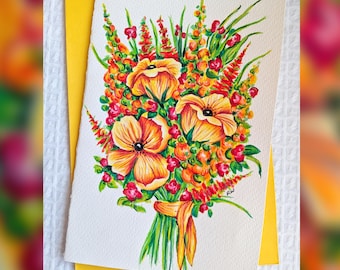 Handmade Original Watercolor and Pencil Vibrant Floral Bouquet Card