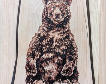 Katmai Bear 225, Hand Burned Pyrography Art Portrait, Alaskan Brown Bear, Original Wildlife Art on Live Edge Cherry Wood.