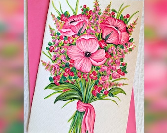 Handmade Original Watercolor and Pencil Vibrant Floral Bouquet Card