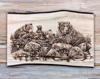 Katmai Bear 94 and her two cubs, Alaskan Brown Bears, Original Hand Burned Wildlife Art, Pyrography on rustic spalted live edge maple.