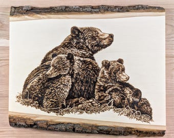 Katmai Bear 26 with her two cubs, Hand Burned Pyrography Art Portrait, Alaskan Brown Bears, Original Wildlife Art on Live Edge basswood.