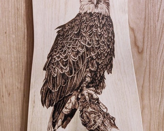 Bald Eagle, Original Hand Burned Wildlife Art, Pyrography on Live Edge Cherry Wood.