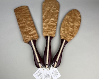 Custom order on hold for "T".  Quilted maple with purpleheart handles.  Set of three in this listing.  Sold