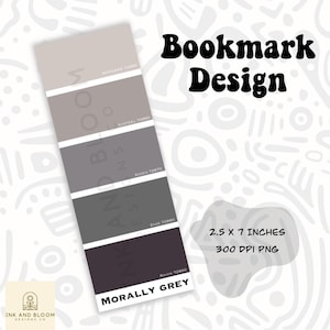 Puede incluir: Un diseño de marcapáginas con una paleta de colores de cinco tonos de gris, etiquetados con nombres como "Casteel" y "Rainn". El diseño mide 2,5 pulgadas por 7 pulgadas y 300 DPI PNG.