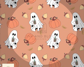 Halloween Ghost Iced Coffee Seamless Pattern (PNG Digital Download)