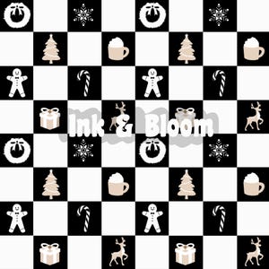 Pode incluir: Um padrão xadrez preto e branco com vários ícones temáticos de Natal, incluindo uma árvore de Natal, um homem de gengibre, um bastão de caramelo, uma caixa de presente, um floco de neve, uma coroa, uma rena, uma xícara de chocolate quente e o texto "Ink & Bloom".