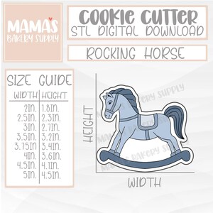 Puede incluir: Un dise&ntilde;o de cortador de galletas de caballo balanc&iacute;n azul claro. La imagen incluye una gu&iacute;a de tallas con medidas de ancho y alto en cm, que van desde 5,1 cm de ancho por 4,6 cm de alto hasta 12,7 cm de ancho por 11,4 cm de alto. El texto dice "Cookie Cutter STL Digital Download Rocking Horse".