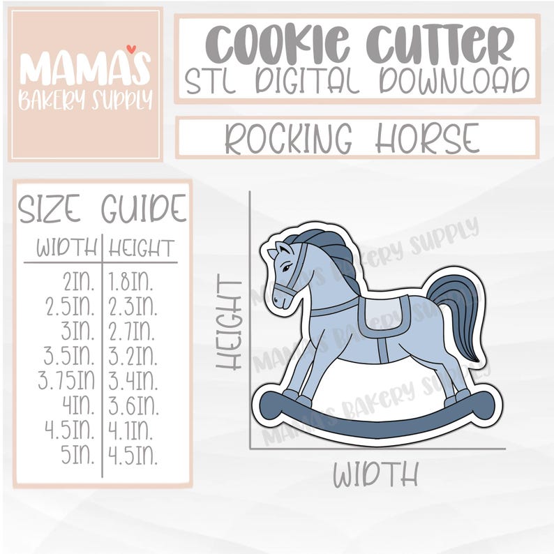 Puede incluir: Un dise&ntilde;o de cortador de galletas de caballo balanc&iacute;n azul claro. La imagen incluye una gu&iacute;a de tallas con medidas de ancho y alto en cm, que van desde 5,1 cm de ancho por 4,6 cm de alto hasta 12,7 cm de ancho por 11,4 cm de alto. El texto dice "Cookie Cutter STL Digital Download Rocking Horse".