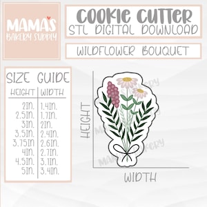 Pode incluir: Um arquivo STL para download digital para um cortador de biscoitos em forma de buqu&ecirc; de flores silvestres. As flores s&atilde;o rosa e brancas com folhas verdes. O cortador de biscoitos mede 8,6 cm de largura e 12,7 cm de altura.