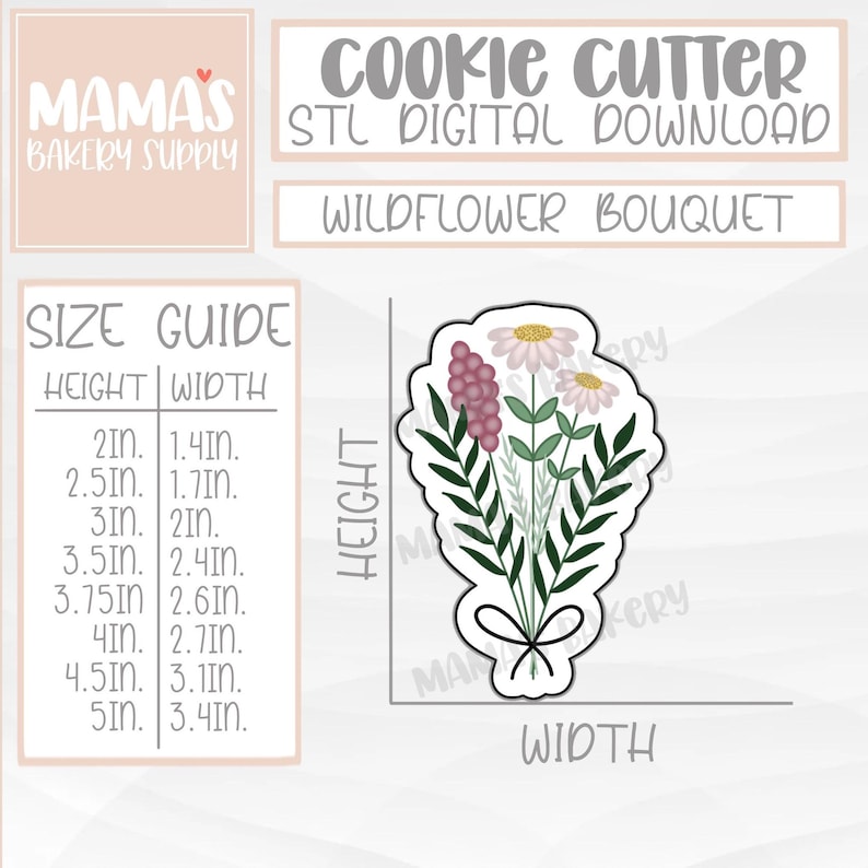 Pode incluir: Um arquivo STL para download digital para um cortador de biscoitos em forma de buqu&ecirc; de flores silvestres. As flores s&atilde;o rosa e brancas com folhas verdes. O cortador de biscoitos mede 8,6 cm de largura e 12,7 cm de altura.