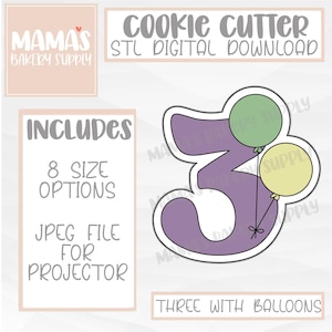 以下が含まれることがあります： 紫色の数字3のクッキーカッターに3つの風船が取り付けられています。風船は緑、黄色、黄色の3色です。カッターの下に「THREE WITH BALLOONS」というテキストがあります。左上の隅に「INCLUDES 8 SIZE OPTIONS JPEG FILE FOR PROJECTOR」というテキストがあります。