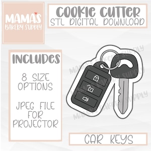 May include: A black and white digital download for a cookie cutter in the shape of a car key. The image includes the text "COOKIE CUTTER" and "STL DIGITAL DOWNLOAD".