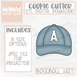 Könnte beinhalten: Ein hellblaues Baseballmützen-Ausstecher-Design mit dem Buchstaben "A" auf der Vorderseite. Das Bild enthält den Text "Cookie Cutter STL Digital Download", "Includes 8 Size Options" und "JPEG File for Projector".
