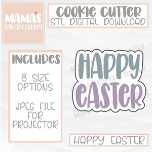 Könnte beinhalten: Digitaler Download eines Ausstecher-Designs für "Frohe Ostern" in einem hellgrauen und violetten Farbschema. Das Design umfasst 8 Größenoptionen und eine JPEG-Datei für die Verwendung eines Projektors.