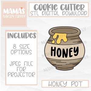 May include: A digital download STL file for a cookie cutter in the shape of a honey pot. The pot is brown with a yellow honey drip and the word "HONEY" written on the front. The image includes the text "COOKIE CUTTER STL DIGITAL DOWNLOAD" and "HONEY POT".