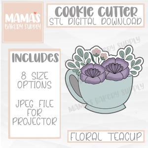 May include: A digital download STL file for a cookie cutter in the shape of a teacup with flowers. The teacup is light blue with a white rim and handle. The flowers are purple with pink centers and green leaves. The text "Floral Teacup" is at the bottom of the image.