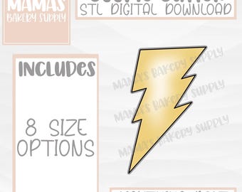 Puede incluir: Una descarga digital para un cortador de galletas con forma de rayo amarillo. El texto "Cookie Cutter" y "STL Digital Download" está en la parte superior de la imagen. El texto "Includes 8 Size Options" está en un cuadro blanco en el lado izquierdo de la imagen. El texto "Lightning Bolt" está en la parte inferior de la imagen.