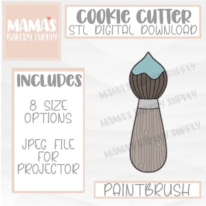 Può includere: Un modello digitale di taglia biscotti a forma di pennello. Il design include il testo "COOKIE CUTTER STL DIGITAL DOWNLOAD" e "PAINTBRUSH". L'immagine include anche il testo "INCLUDES 8 SIZE OPTIONS JPEG FILE FOR PROJECTOR".