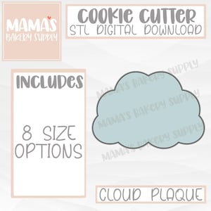 Può includere: Un download digitale per un tagliapasta a forma di nuvola. L'immagine mostra una nuvola blu chiaro con un contorno grigio. Il testo "INCLUDES 8 SIZE OPTIONS" e "CLOUD PLAQUE" è anche visibile.
