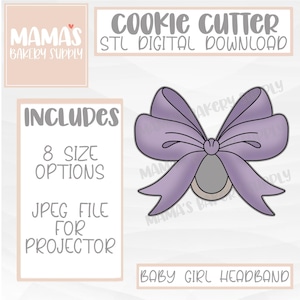 May include: A digital download cookie cutter design for a baby girl headband. The design features a purple bow with a gray center. The image includes text that says "Cookie Cutter STL Digital Download" and "Baby Girl Headband".