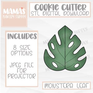 May include: Digital download STL file for a cookie cutter in the shape of a green monstera leaf. Includes 8 size options and a JPEG file for projector use.