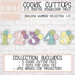 May include: A digital download of five cookie cutter files for numbers 1-5 with balloons. Each number has a different color and the balloons are in various colors. The text "COOKIE CUTTERS" is at the top of the image. The text "BALLOON NUMBER COLLECTION 1-5" is below the numbers. The text "COLLECTION INCLUDES" is at the bottom of the image, followed by a list of features: "5 COOKIE CUTTER FILES", "7 SIZES FOR EACH FILE", and "JPEG IMAGES FOR PROJECTORS".