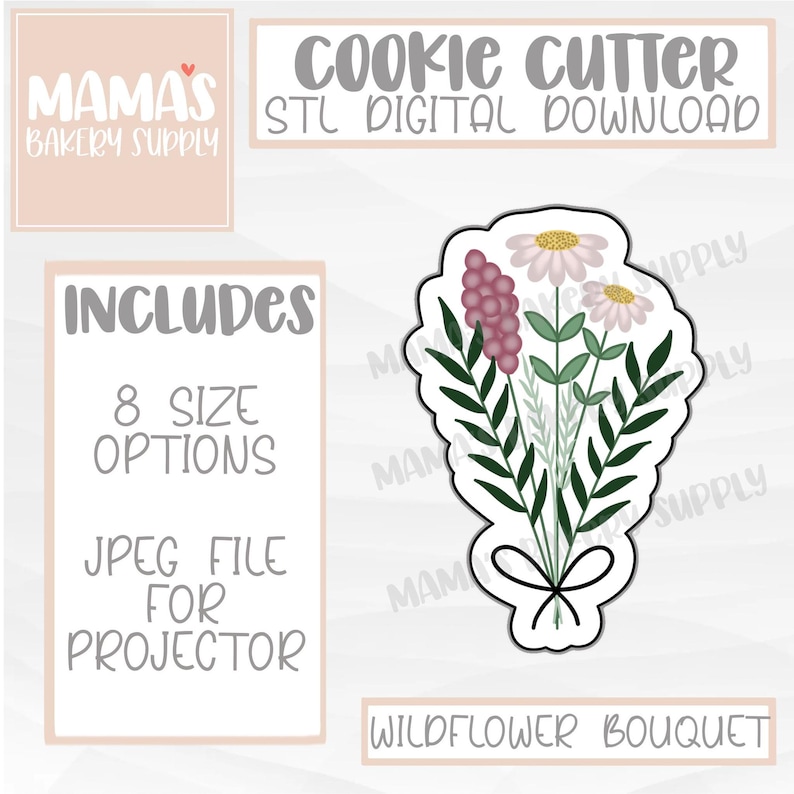 Pode incluir: Um download digital para um cortador de biscoitos em forma de buqu&ecirc; de flores silvestres. As flores s&atilde;o rosa e brancas com folhas verdes. O buqu&ecirc; &eacute; amarrado com uma fita preta. O texto "WILDFLOWER BOUQUET" est&aacute; na parte inferior da imagem.
