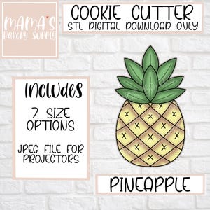 May include: A digital download for a pineapple cookie cutter. The image shows a yellow pineapple with green leaves and a brown outline. The text "COOKIE CUTTER" and "PINEAPPLE" are also included in the image.