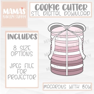 Puede incluir: Un archivo STL descargable digitalmente para un cortador de galletas con forma de pila de macarons con un lazo. La imagen incluye el texto "COOKIE CUTTER" y "STL DIGITAL DOWNLOAD".