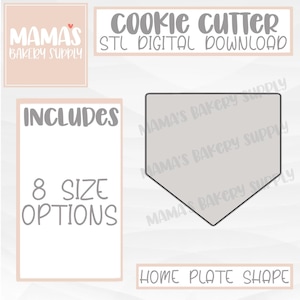 Może przedstawiać: Cyfrowy plik do pobrania z szablonem do wycinania ciasteczek w kształcie boiska do baseballu. Obrazek przedstawia szablon w kolorze szarym z napisem "Home Plate Shape" poniżej. Napis "Includes 8 Size Options" znajduje się w białym prostokącie po lewej stronie szablonu.