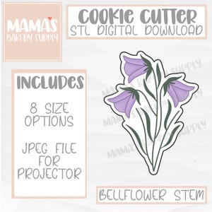 Puede incluir: Un archivo STL descargable digitalmente para un cortador de galletas con forma de tallo de campanilla con tres campanillas moradas. La imagen incluye texto que dice "Cookie Cutter", "STL Digital Download", "Includes 8 Size Options", "JPEG File for Projector" y "Bellflower Stem".