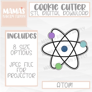May include: A cookie cutter design in the shape of an atom, with a black outline and colorful spheres. The image includes text that says "Cookie Cutter STL Digital Download" and "Includes 8 Size Options JPEG File for Projector."