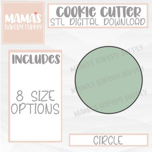 Può includere: Un download digitale per un tagliapasta a forma di cerchio. L'immagine mostra un cerchio verde chiaro con un contorno grigio. Il testo "COOKIE CUTTER" e "STL DIGITAL DOWNLOAD" è nella parte superiore dell'immagine. Il testo "INCLUDES 8 SIZE OPTIONS" è sul lato sinistro dell'immagine. Il testo "CIRCLE" è nella parte inferiore dell'immagine.