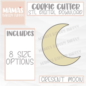 Puede incluir: Una descarga digital para un cortador de galletas en forma de media luna. La imagen muestra un cortador de galletas en forma de media luna de color amarillo claro con un contorno negro. El texto "Cookie Cutter" y "STL Digital Download" está en la parte superior de la imagen. El texto "Includes 8 Size Options" y "Crescent Moon" está en la parte inferior de la imagen.