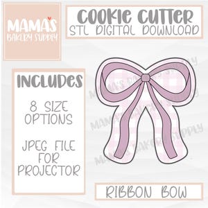 Puede incluir: Un diseño de cortador de galletas de descarga digital con un lazo de cinta. El diseño incluye 8 opciones de tamaño y un archivo JPEG para un proyector. El lazo es de color rosa claro con un estampado de cuadros.