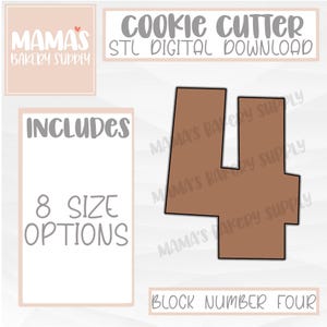 May include: A brown cookie cutter in the shape of the number four. The image includes the text "BLOCK NUMBER FOUR" and "MAMAS BAKERY SUPPLY".