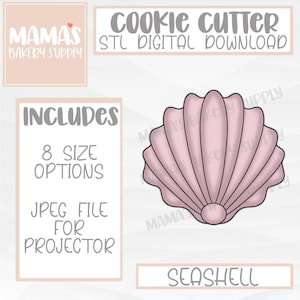 May include: A digital download for a seashell cookie cutter. The image shows a pink seashell with a black outline. The text "INCLUDES 8 SIZE OPTIONS JPEG FILE FOR PROJECTOR" and "SEASHELL" are also included in the image.