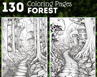 May include: A set of two black and white coloring pages featuring a forest path. The first page shows a path winding through a dense forest with tall trees. The second page shows a path leading to a small house in the trees.  130 Coloring Pages FOREST. All Coloring Pages for personal & commercial use.