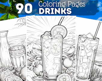 May include: Black and white line art colouring pages of three different drinks. The first page shows a pitcher and a glass with ice cubes. The second page shows a tall glass with ice cubes, a lemon wedge, and a straw. The third page shows a glass with ice cubes and a straw. The text "90 Coloring Pages DRINKS" is at the top of the image. The text "All Coloring Pages for personal & commercial use" is at the bottom of the image.