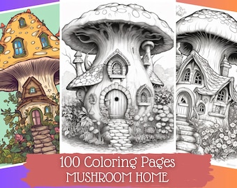 May include: Three black and white illustrations of mushroom houses. The text "100 Coloring Pages MUSHROOM HOME" is at the bottom of the image. The text "All Coloring Pages for personal & commercial use" is at the bottom of the image.