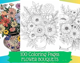 100 Flower Coloring Pages Cute | Printable Coloring Book | Coloring Pages for Kids & Adults | Printable Digital Coloring | Digital Download