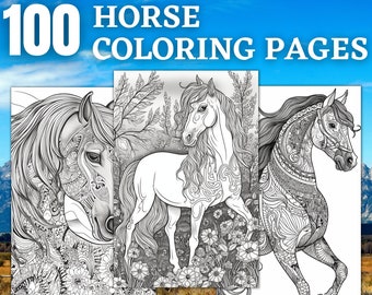 100 Horse Coloring Pages | Printable Coloring Book | Coloring Pages for Girls & Woman | Digital Coloring | Digital Download for Horse Fans