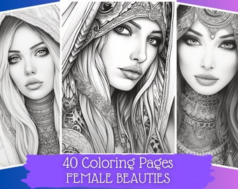 40 Female Beauties Coloring Pages | Printable Coloring Book | Coloring Pages for Adult & Woman | Digital Coloring | Digital Download
