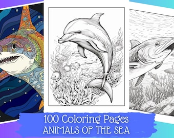 100 Páginas para colorear de animales marinos / Libro para colorear imprimible / Páginas para colorear para mujer / Escalas de grises para colorear digital / Descarga digital