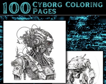 May include: Two black and white illustrations of cyborgs. The first is a detailed drawing of a cyborg with a human-like head and body, with many mechanical parts visible. The second is a drawing of a cyborg robot with a large, round head and a body with many mechanical parts.