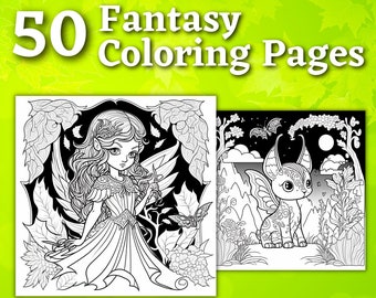 50 Fantasy Coloring Pages | Printable Coloring Book | Coloring Pages for Kids | Printable Digital Coloring | Digital Download