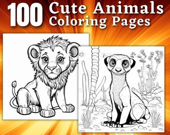 May include: A black and white coloring page featuring a cute lion cub sitting down and a meerkat sitting up. The title "100 Cute Animals Coloring Pages" is at the top of the page.