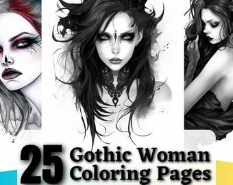 25 Gothic Woman Grayscale Coloring Pages | Printable Coloring Book | Coloring Pages for Woman | Digital Coloring | Digital Download