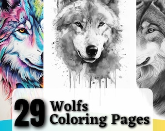 29 Wolfes Grayscale Coloring Pages | Printable Coloring Book | Coloring Pages for Woman | Digital Coloring Grayscales | Digital Download